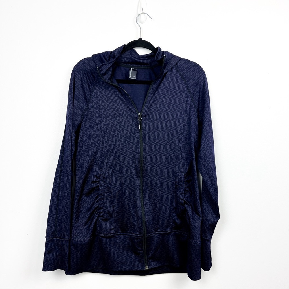 Modetta Long Sleeve Zip-Up Athletic Jacket with Black & Dark Purple Pattern